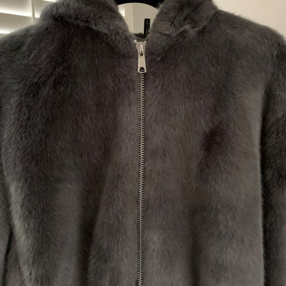 HELMUT LANG MINK GREY FAUX FUR HOODED BOMBER  S - Picture 6 of 10